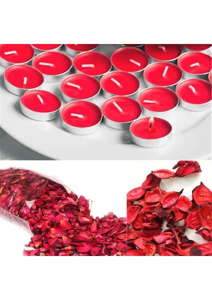 1000 Adet Kuru Gül Yaprağı + 25 Adet Kırmızı Tealight Mum Romantik Süsleme