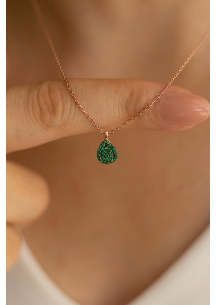 Damla Zümrüt Yeşil Taşlı Gümüş Kolye -Rose