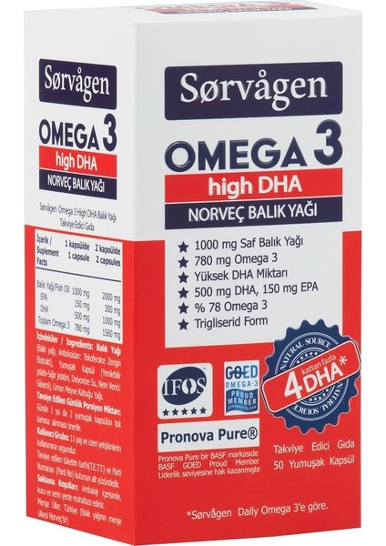 Omega 3 High Dha Saf Norveç Balık Yağı, 50 Kapsül, 1000 Mg