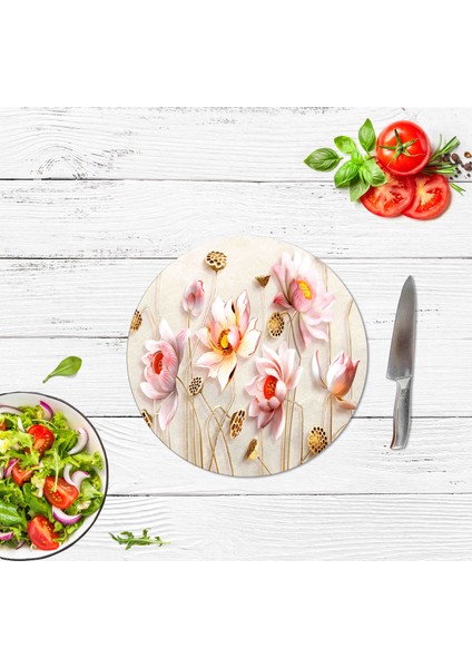 Saban Yapay Çiçekler Görünümlü Cam Kesme Tahtası Çap 32 cm