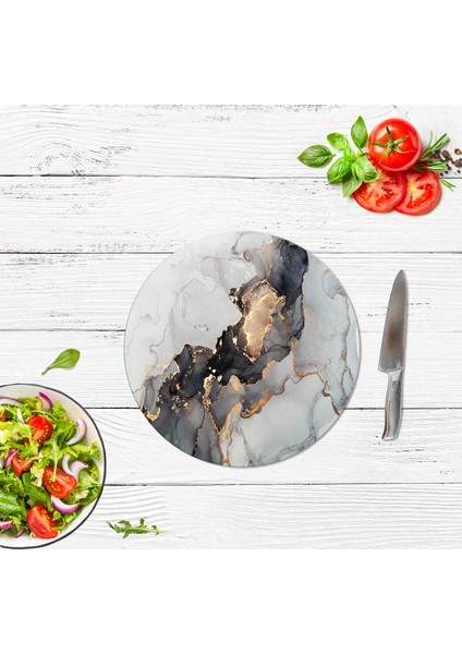 Saban Siyah Yaldızlı Mermer Görünümlü Cam Kesme Tahtası Çap 32 cm