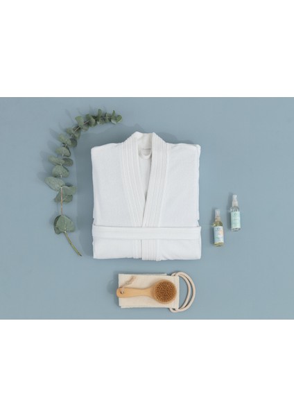 Stripe Kimono Unise x Bornoz - Beyaz