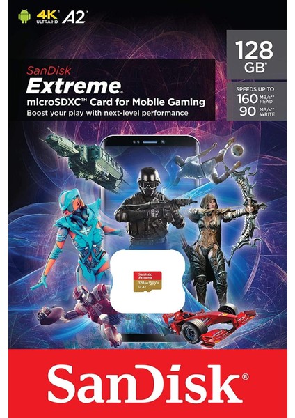 SanDisk Extreme 128GB microSDXC 160/90MB/S A2 V30 Hafıza Kartı SDSQXA1-128G-GN6GN