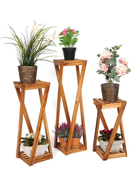 Ahşap Çiçeklik Ahşap Üçlü Saksılık Dekoratif Çiçek Stand 3'lü Set
