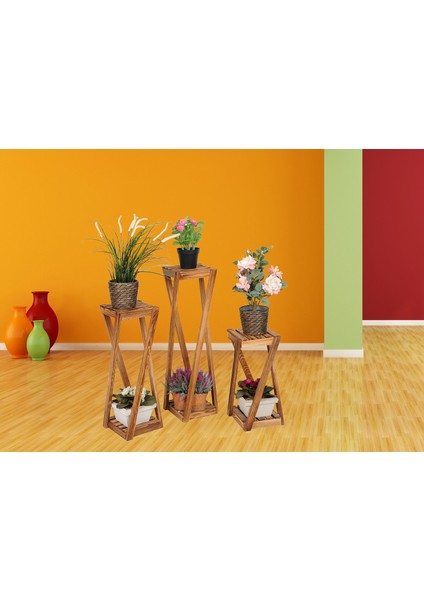 Ahşap Çiçeklik Ahşap Üçlü Saksılık Dekoratif Çiçek Stand 3'lü Set