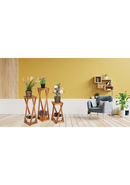 Ahşap Çiçeklik Ahşap Üçlü Saksılık Dekoratif Çiçek Stand 3'lü Set
