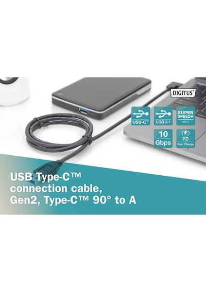 Dıgıtus USB Type-C Bağlantı Kablosu, Gen2, Type- 90°den Aya