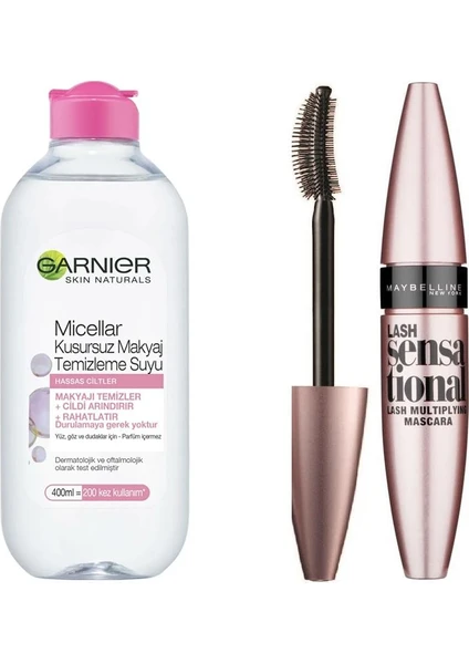 Kusursuz Makyaj Temizleme Suyu+Maybelline Lash Sensational Maskara Göz Bakım Seti