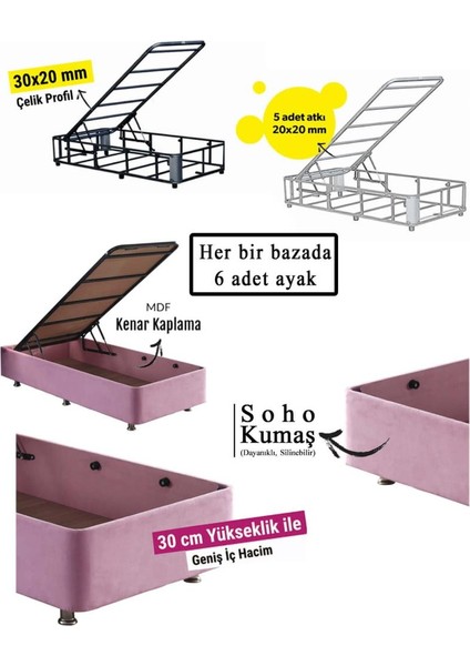 Niron Pinky Baza - 90X190 cm Tek Kişilik Sandıklı Pembe Kumaş Özel Baza Silinebilir Soho Kumaş Niron