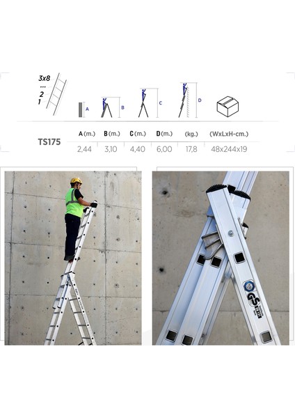 3x8 Basamaklı Üç Parçalı Çok Amaçlı Merdiven (TS175)