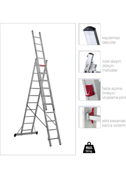 3x10 Basamaklı Üç Parçalı Çok Amaçlı Merdiven (TS190)