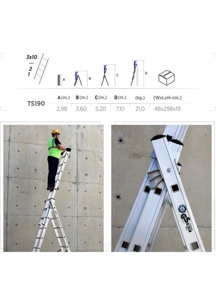 3x10 Basamaklı Üç Parçalı Çok Amaçlı Merdiven (TS190)