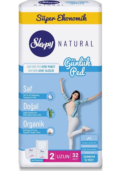 Natural Uzun Günlük Ped - 32 Adet, Saf Su Dokunuşu ile, Doğal Bambu ve Organik Pamuk Liflerinden Üretilmiştir, Süper Ekonomik Paket fiyatları
