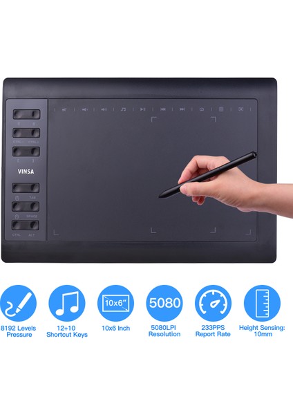 10 x 6" Profesyonel Grafik Çizim Tablet 12 Hızlı Tuşları (Yurt Dışından)