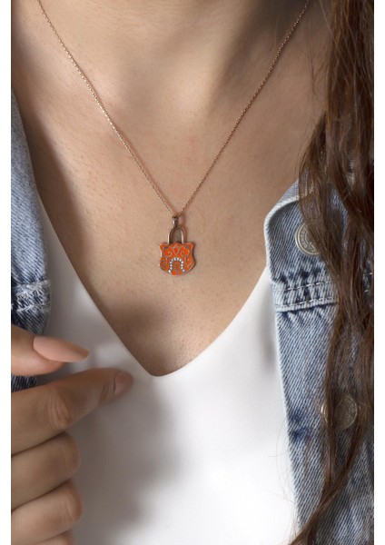 Turuncu Mineli Kilit Gümüş Kolye-Rose