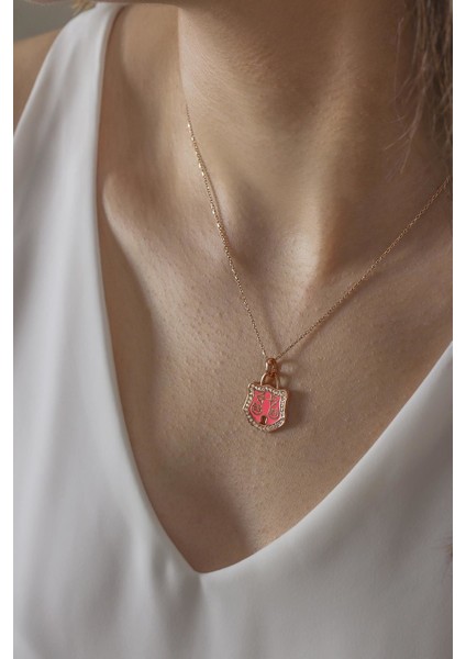 Pembe Mineli Kilit Gümüş Kolye-Rose