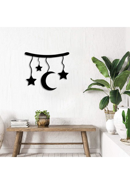 Dalda Salınan Yıldızlar Ay Duvar Oda Ev Aksesuarı Ahşap Tablo 50 x 42 cm