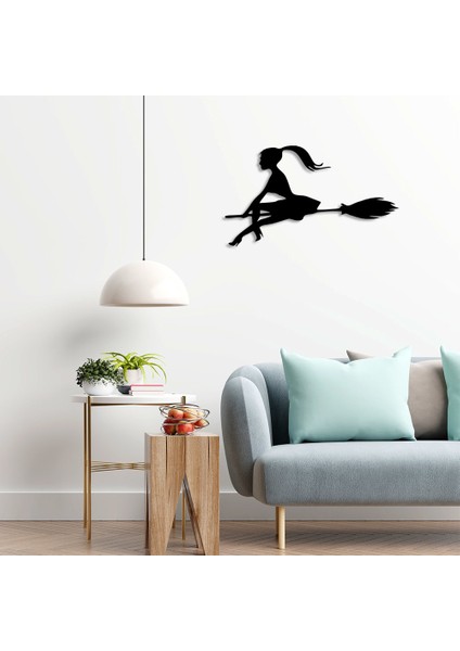 Süpürgeli Genç Cadı Duvar Oda Ev Aksesuarı Ahşap Tablo 50 x 29 cm