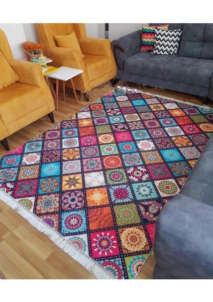 Çini Kaymaz Tabanlı Yıkanabilir Halı Kilim Yolluk