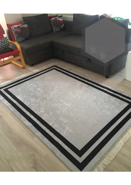 STY Home Pasa Kaymaz Tabanlı Yıkanabilir Halı Kilim Yolluk Gri Siyah