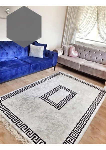 STY Home Şehzade Kaymaz Tabanlı Yıkanabilir Halı Kilim Yolluk Gri Siyah