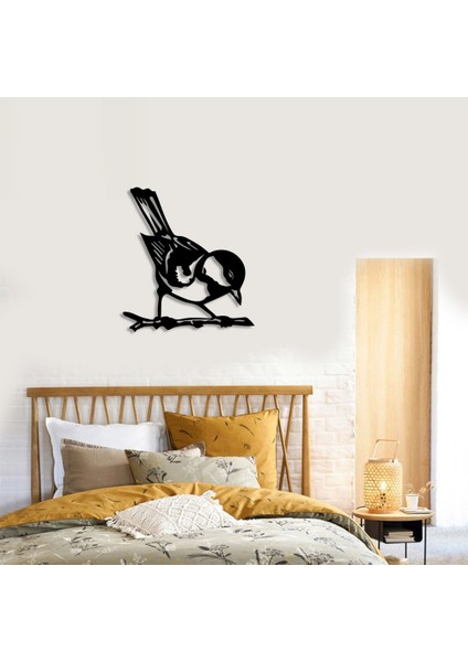 Ağac Dalı Üzerinde Duran Sevimli Kuş Duvar Aksesuarı Ahşap Tablo 50 x 46 cm