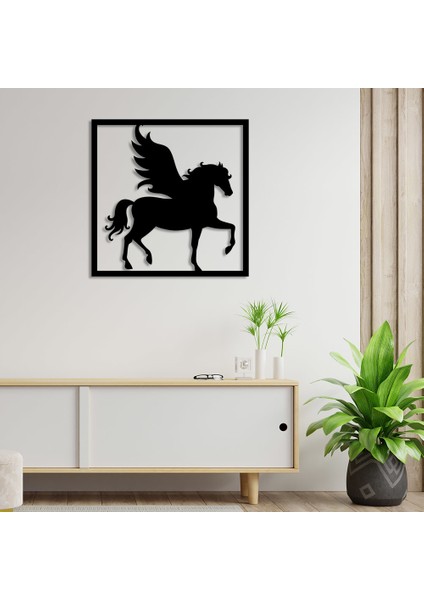 Çerçevede Kanatları Açık Pegasus Atı Duvar Oda Aksesuarı Ahşap Tablo 50 x 50 cm