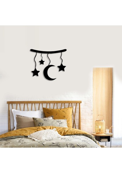 Dalda Salınan Yıldızlar Ay Duvar Oda Ev Aksesuarı Ahşap Tablo 50 x 42 cm