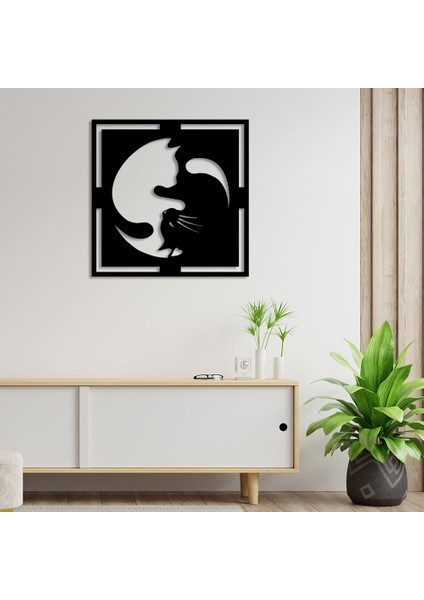 Denge Siyah Kedi ve Beyaz Kedi Duvar Oda Ev Aksesuarı Ahşap Tablo 50 x 50 cm