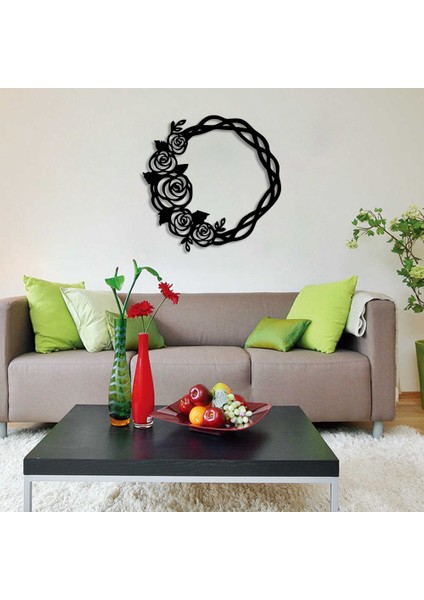 Desenli Çember Üzerinde Güller Duvar Oda Ev Aksesuarı Ahşap Tablo 50 x 50 cm