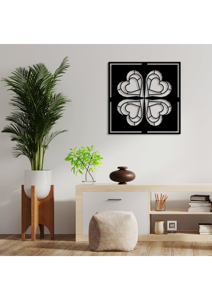 Geometrik Iç Içe Kalpli 4 Yapraklı Yonca Duvar Aksesuarı Ahşap Tablo 50 x 50 cm