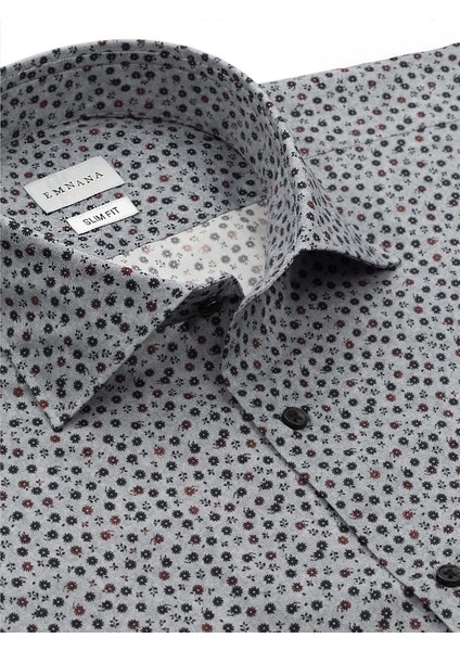 Desenli Gri Slim Fit Print Gömlek