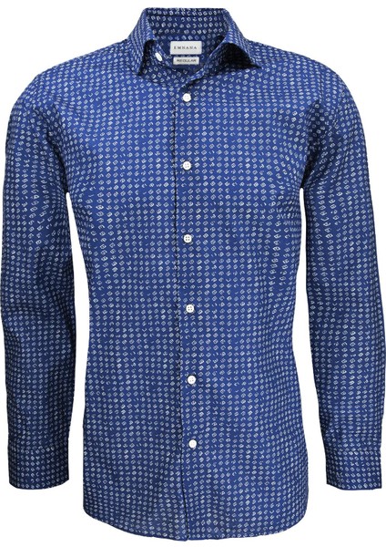 Desenli Mavi Regular Fit Print Gömlek
