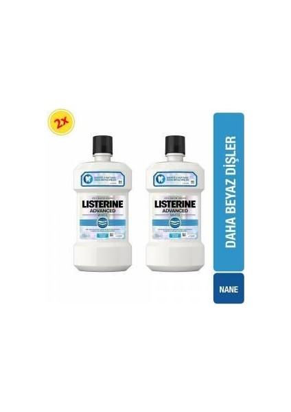 Advanced White Ağız Gargarası 500 ml Nane Aromalı 2 Adet Daha Beyaz Dişler İçin
