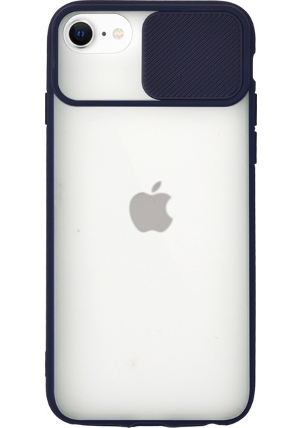 Apple iPhone 7 Kapak Lensi Açılır Kapanır Kamera Korumalı Silikon Kılıf - Lacivert