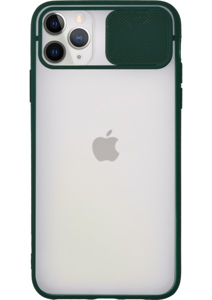 Apple iPhone 11 Pro Max Kapak Lensi Açılır Kapanır Kamera Korumalı Silikon Kılıf - Yeşil