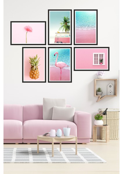 6 Parça Çerçeve Görünümlü Pembe Flamingo Deniz Pvc Tablo Seti