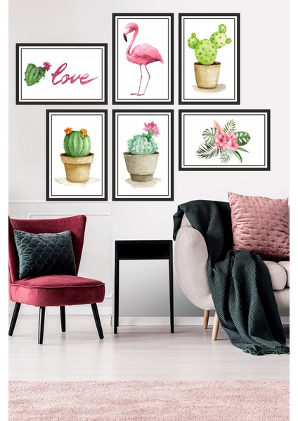 6 Parça Çerçeve Görünümlü Tropikal Kaktüs Flamingo Pvc Tablo Seti