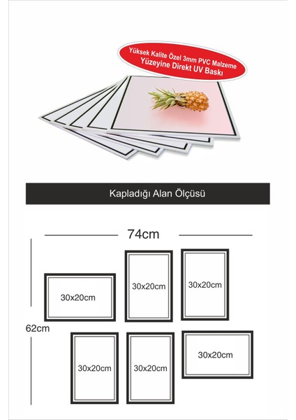 6 Parça Çerçeve Görünümlü Tropikal Yeşil Yapraklı Dekoratif Pvc Tablo Seti