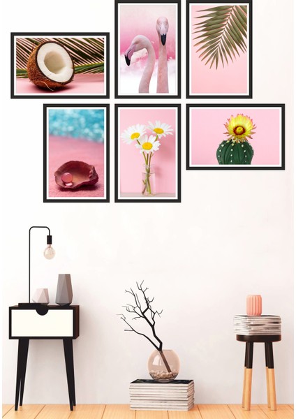 Çerçeveli 6 Parça Pembe Hindistan Cevizi Inci Çiçek Kaktüslütablo Seti 30X20CM x 6lı