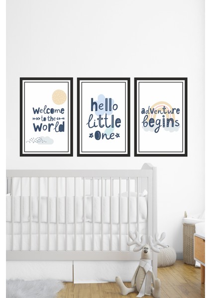 Çerçeveli Bebek Odası Mavi Yazılı Poster Tablo Seti