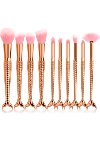 10'lu Parlak Balık Makyaj Fırça Seti - Gold