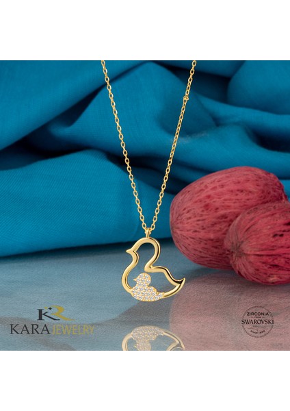 Gümüş Kolye Swarovskı Taşlı Ördek Temalı Altın Kaplama Bayan Kolye