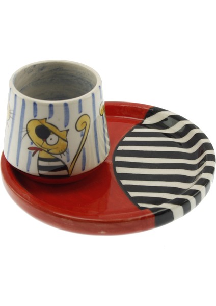 Otantik Çini Korsan Kedi Dekorlu Fincan Kunik 6 x 6,50 Cm. Tabak 14 Cm.