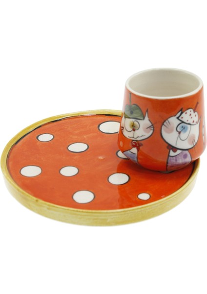 Otantik Çini Hunili Kedi Dekorlu Fincan Kunik 6 x 6,50 cm. Tabak 14 cm.