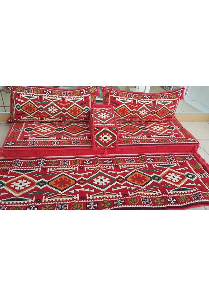 Şark Köşesi Anadolu Desenli Minderi, Kilim Takımı Sünger Dahil Kırmızı ( Dolu )