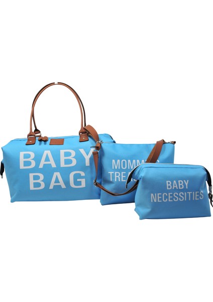 Baby Bag Tasarım 3'lü Set Anne Bebek Bakım Kadın Çantası -Mavi