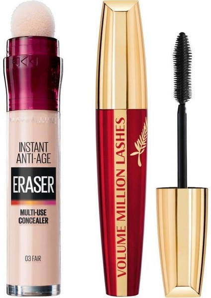 Maybelline Instant Anti Age Eraser Kapatıcı-03 Fair+Loreal Volume Million Maskara