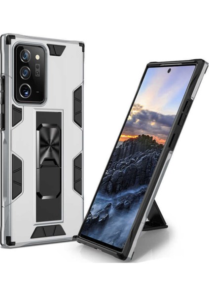 Samsung Galaxy Note 20 Ultra Kapak Standlı Mıknatıslı Tank Kılıf - Gri