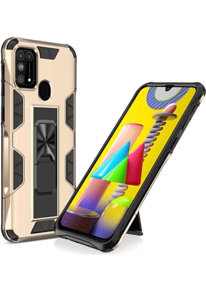 Samsung Galaxy M31 Kapak Standlı Mıknatıslı Tank Kılıf - Gold
